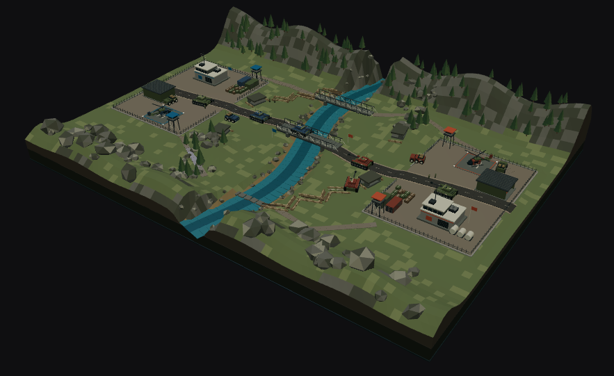 PromptBlox v2 build of: a strategic battlefield with tanks and helicopters