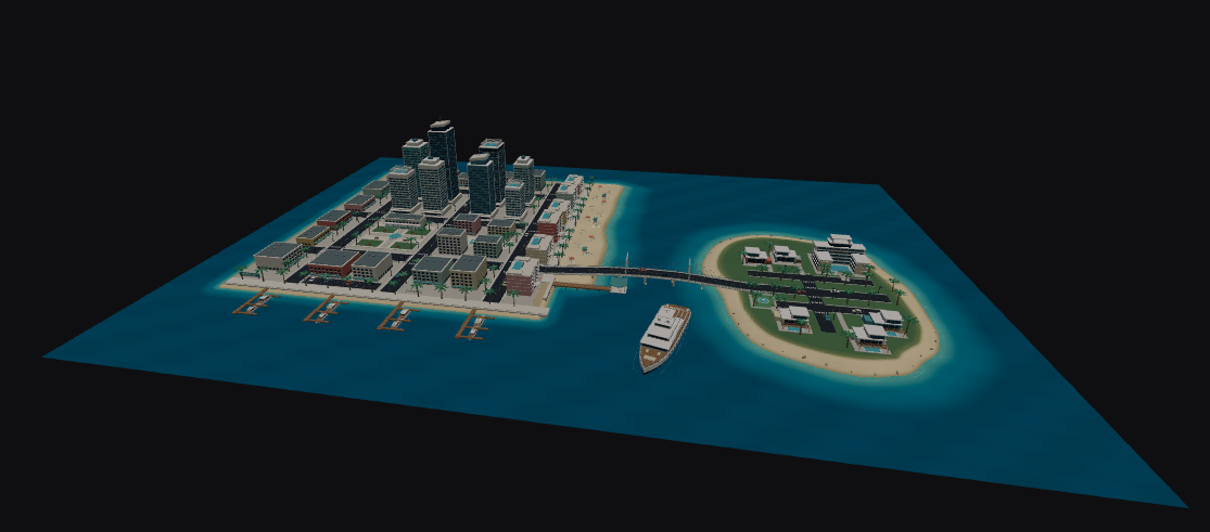PromptBlox v2 build of: a coastal city and resort island