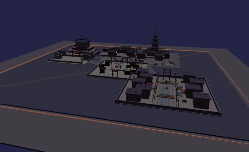 PromptBlox v1 build of: a Japanese style town above a river gorge