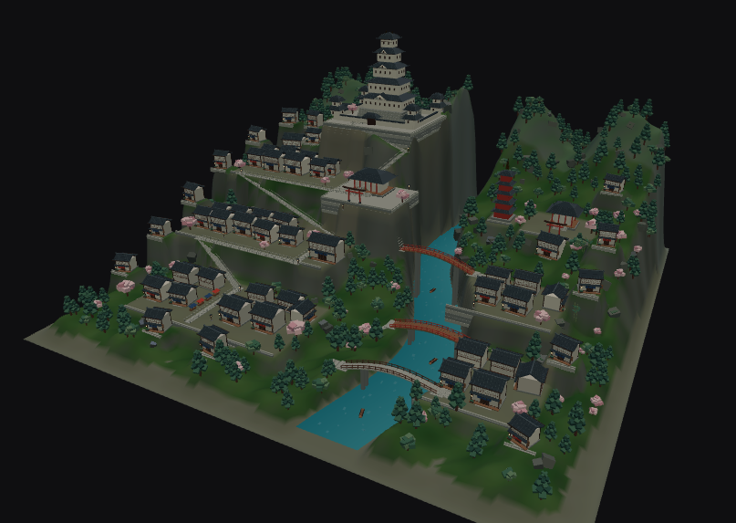 PromptBlox v2 build of: a Japanese style town above a river gorge