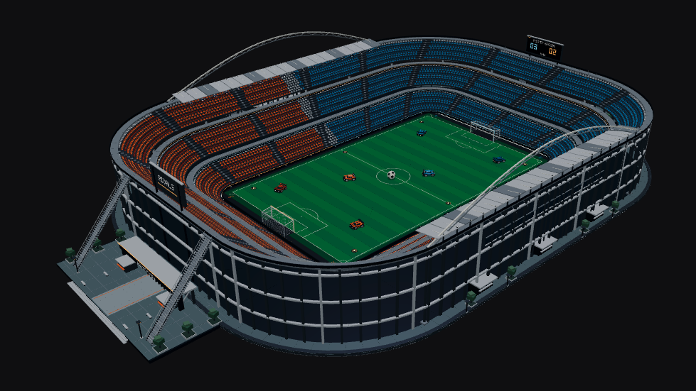 PromptBlox v2 build of: a mega stadium with rocket cars